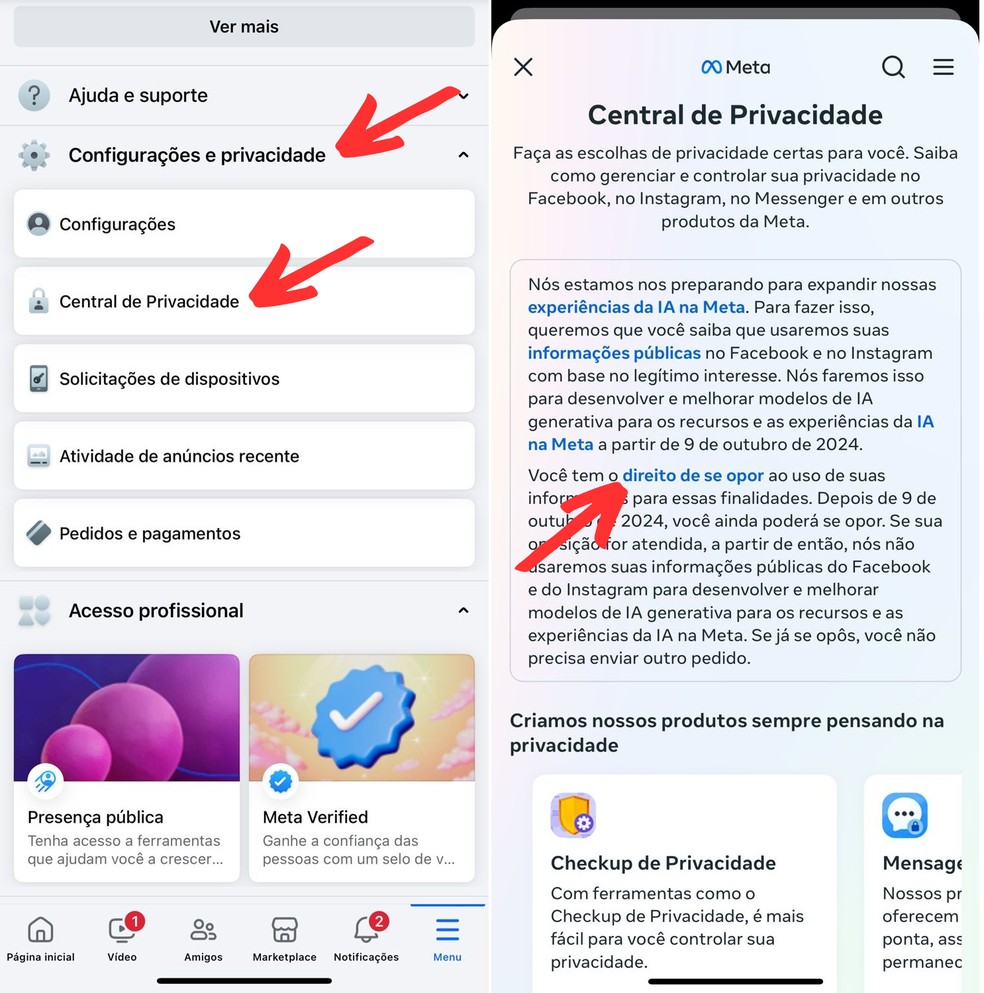 Acesse as configurações do Facebook para preencher o formulário e impedir a Meta AI de usar seus dados para treinamento — Foto: Reprodução/Clara Fabro