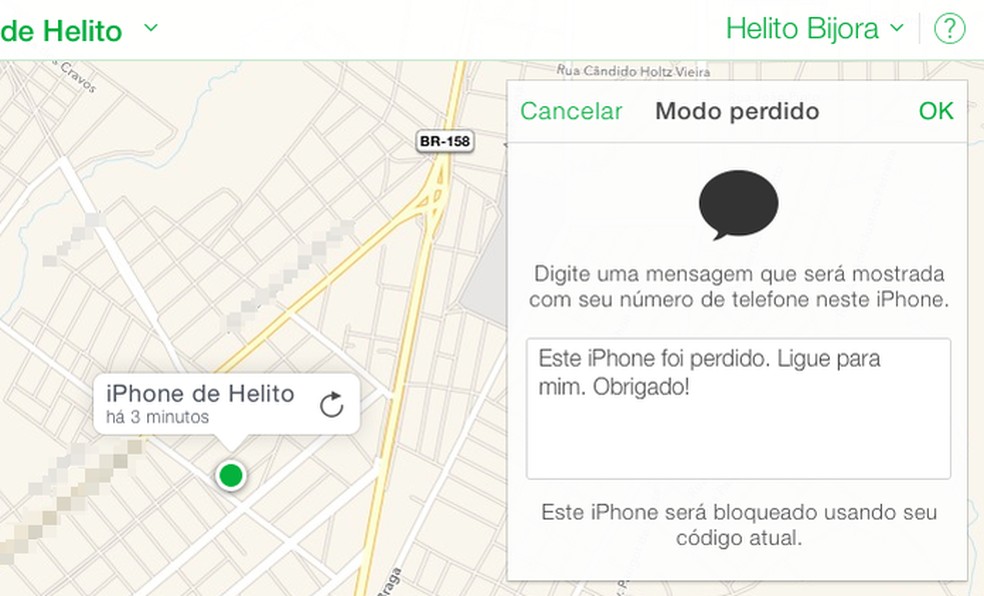 Digite uma mensagem para ser exibida no iPhone perdido — Foto: Reprodução/Helito Bijora