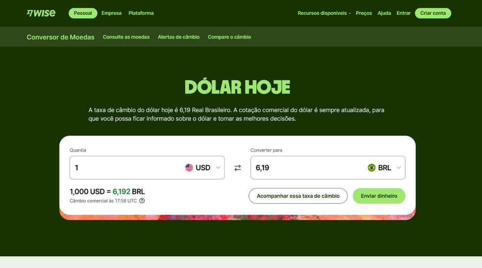 Página e app da Wise oferece cotações com a taxa de câmbio real, sem taxas ocultas — Foto: Reprodução/Júlia Silveira