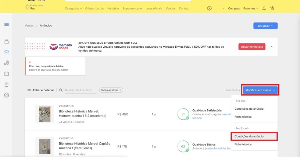 Como vender pela Shopee? Clique em "Modificar em massa" e, depois, em "Condições do anúncio" — Foto: Reprodução/Clara Fabro