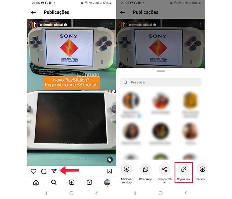 Ação para copiar link de vídeo do Instagram — Foto: Reprodução/Marcela Franco