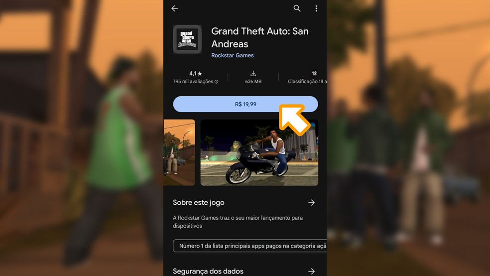Na página de GTA: San Andreas na Google Play Store clique no preço do jogo e finalize a compra para poder baixar e instalar o game — Foto: Reprodução/Rafael Monteiro