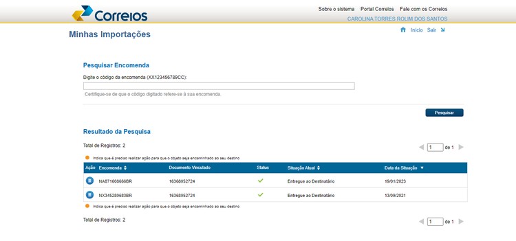 Aba Minhas Importações do site dos Correios