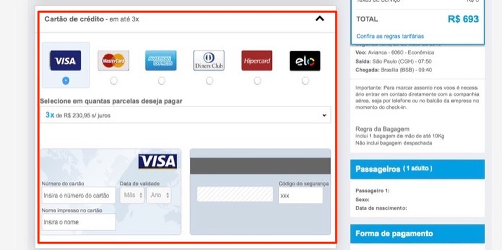 Opções para pagamento no cartão de crédito no serviço online Submarino Viagens — Foto: Reprodução/Marvin Costa