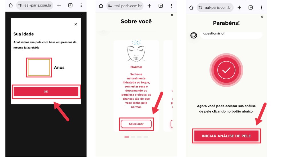 Informe idade e tipo de pele para prosseguir com a análise da IA — Foto: Reprodução/Júlia Silveira