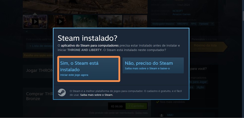 Confirme se já tem o cliente do Steam instalado — Foto: Reprodução/Róbson Martins