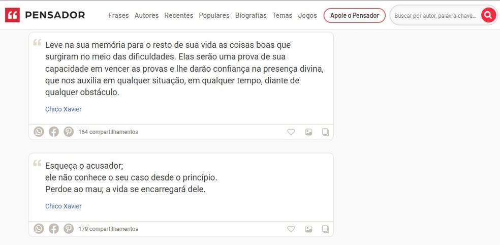 Frases espíritas no Pensador: site fornece diversas mensagens religiosas para compartilhar — Foto: Reprodução/Pensador