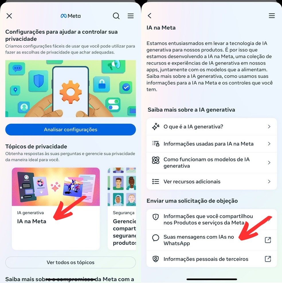 Acesse as configurações do Facebook para impedir a recolha de dados para treinar a Meta AI no WhatsApp — Foto: Reprodução/Clara Fabro