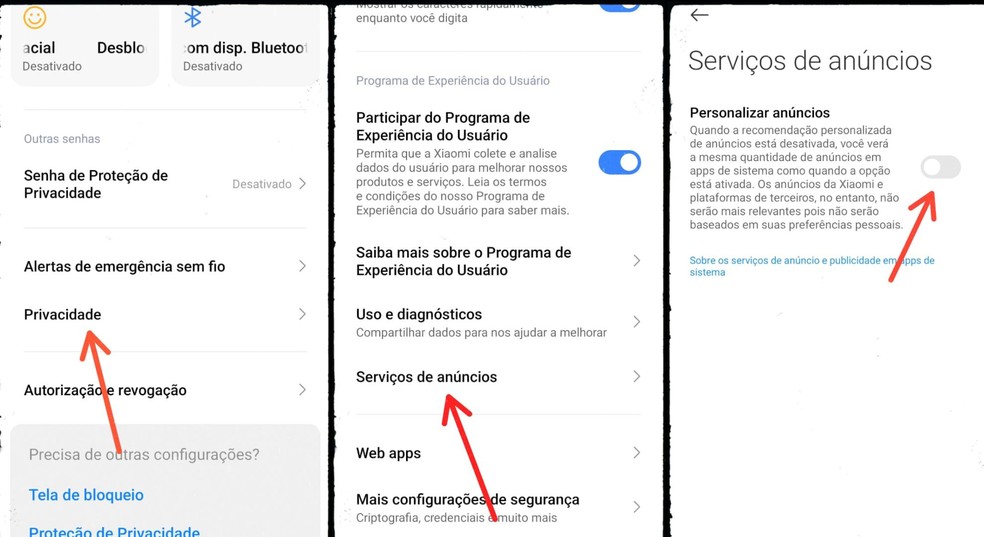 Desativação de coleta de dados no Xiaomi — Foto: Reprodução/Gisele Souza