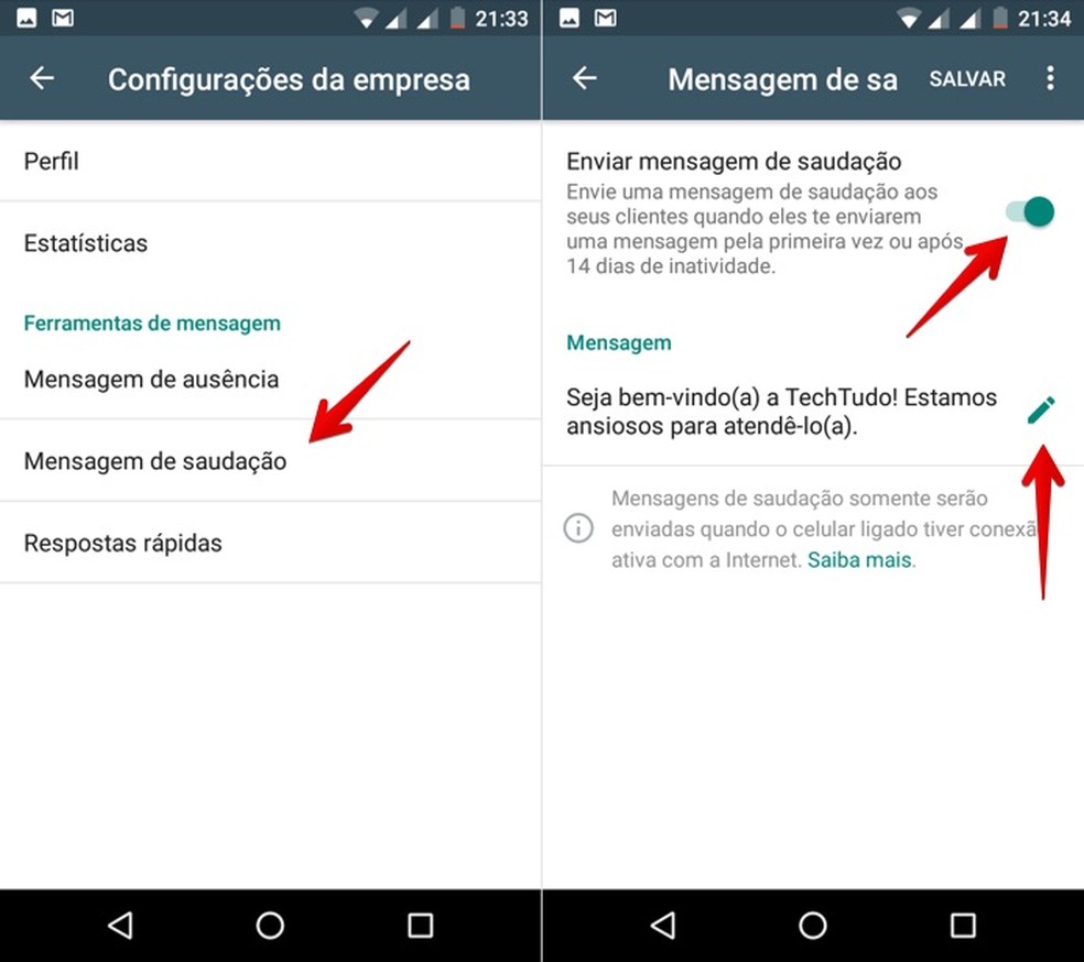Ativando mensagem de saudação no WhatsApp Business — Foto: Reprodução/Helito Bijora