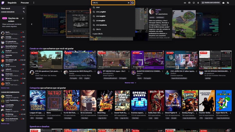 Procure por CBLOL na barra de pesquisa da Twitch — Foto: Reprodução/Victor de Abreu