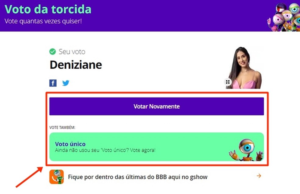 'Quem vai sair no atual Paredão do BBB 24?' É possível repetir o voto de maneira ilimitada ou fazer uso do "Voto único" que tem peso maior — Foto: Reprodução/Gabriela Andrade