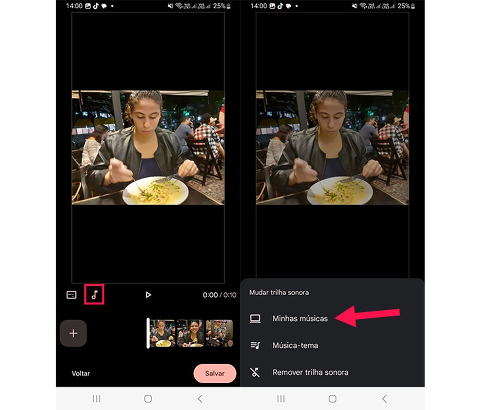 Ação para adicionar uma música do seu celular — Foto: Reprodução/Marcela Franco
