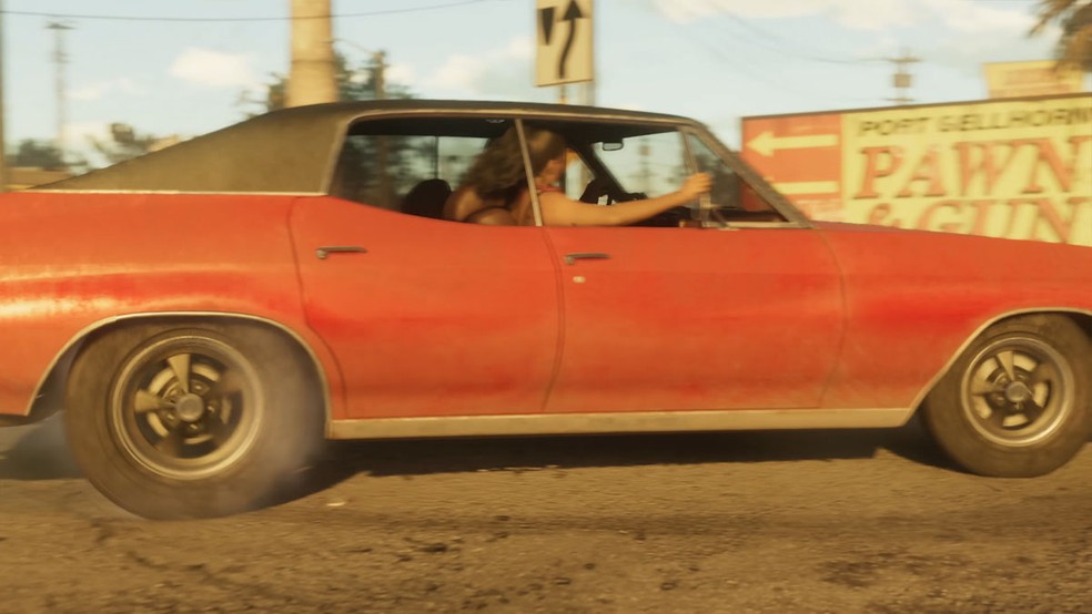 Usuários acreditam que GTA 6 poderá trazer uma segunda cidade além de Vice City chamada Port Gellhorn, como visto na placa do primeiro trailer do jogo — Foto: Reprodução/Rockstar Games