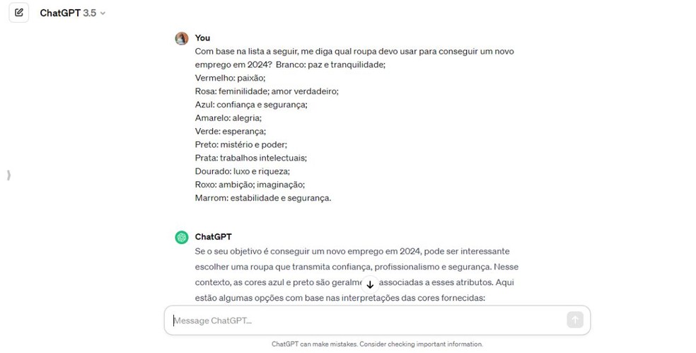 Exemplo de comando textual sobre cor ideal para cada desejo para a Virada do Ano 2024 — Foto: Reprodução/Millena Borges