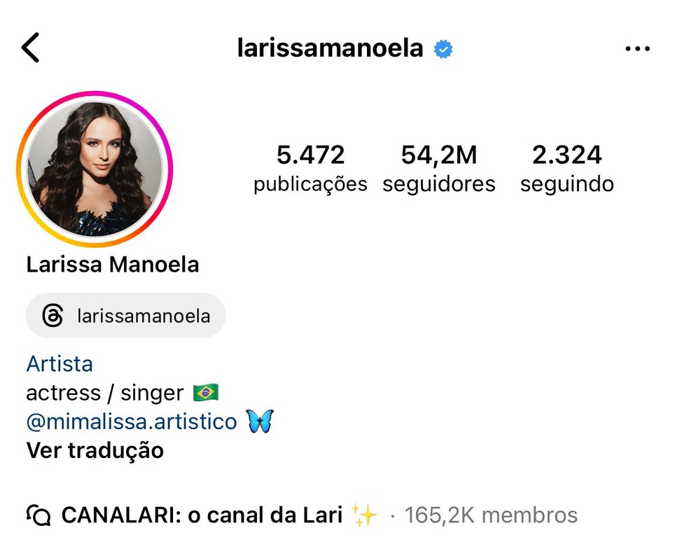 Larissa Manoela ocupa a sétima posição no ranking de brasileiros mais seguidos — Foto: Reprodução/Instagram