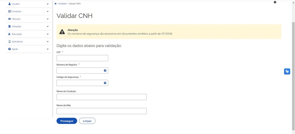 Valide a CNH inserindo os dados solicitados — Foto: Reprodução/Juliana Villarinho