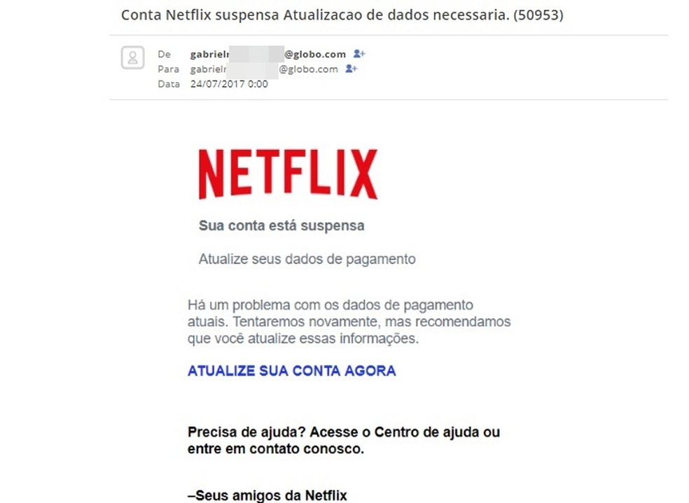 Falsa notificação de suspensão da Netflix é um ataque de phishing