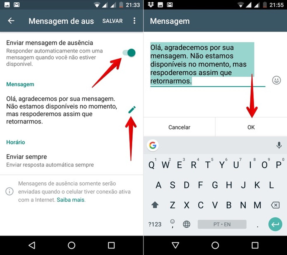 Personalizando mensagem de ausência no WhatsApp Business — Foto: Reprodução/Helito Bijora