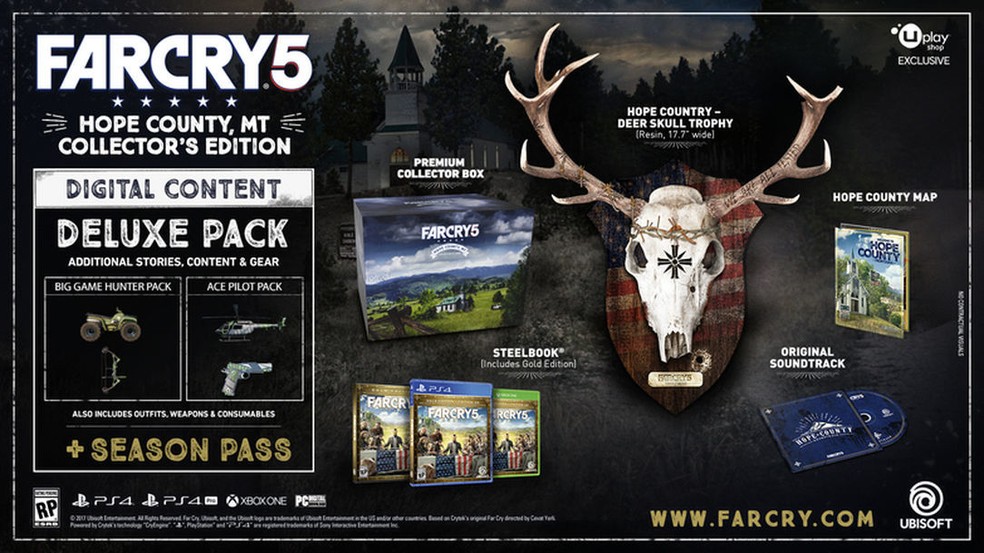 Edição de Colecionador inclui Far Cry 5, trilha sonora do jogo, uma caveira de cervo, um steel book, um mapa de Hope Country e o Season Pass  — Foto: Divulgação/Ubisoft