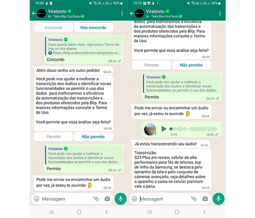 ViraTexto é um chatbot que converte mensagem de áudio em texto — Foto: Reprodução/Marcela Franco