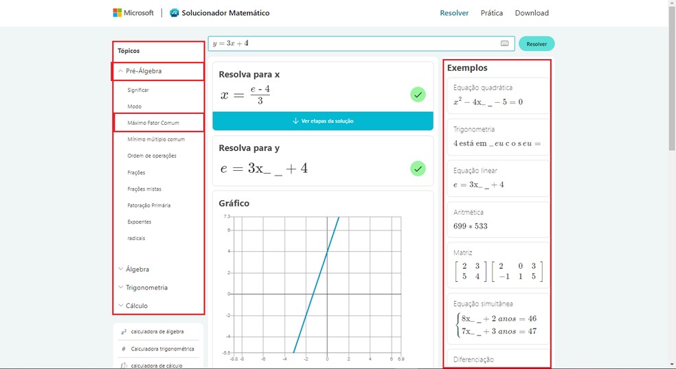 Confira o menu de tópicos presente no Microsoft Math Solver — Foto: Reprodução/Gabriel Pereira