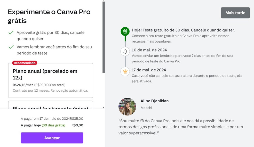 Canva Pro: faça um teste grátis por 30 dias e use os recursos premium — Foto: Reprodução/Thaisi Carvalho
