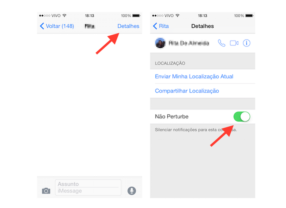 Ativando a opção Não Pertube para um contato no aplicativo Mensagens do iOS 8 (Foto: Reprodução/Marvin Costa) — Foto: TechTudo
