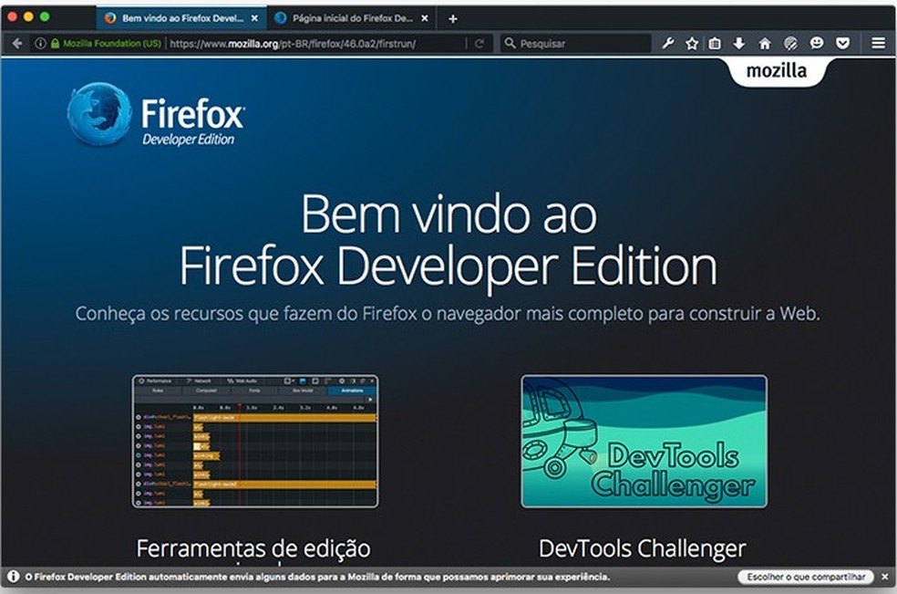 Firefox Developer Edition possui interface escura. (Foto: Reprodução/Alessandro Junior) — Foto: TechTudo