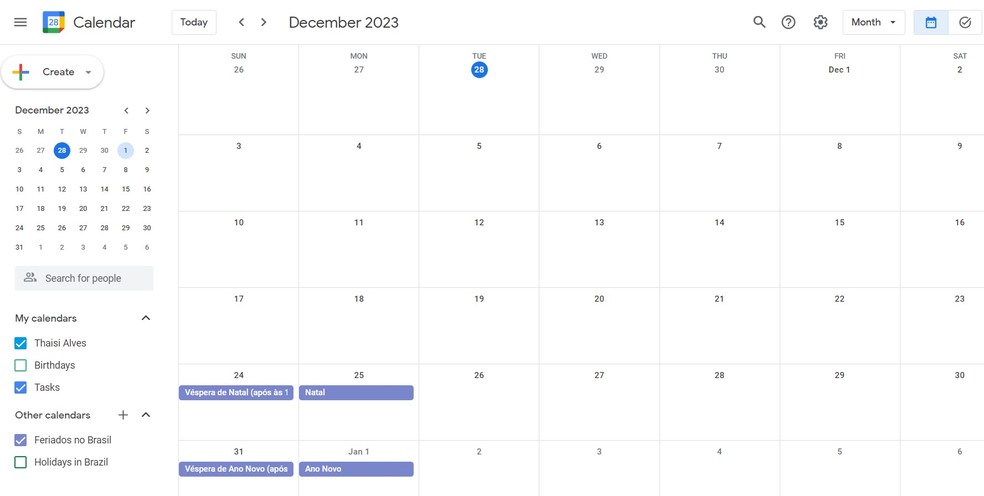 Google Agenda oferece calendário de 2024 com feriados, além de diversas funcionalidades para organização — Foto: Reprodução/Thaisi Carvalho