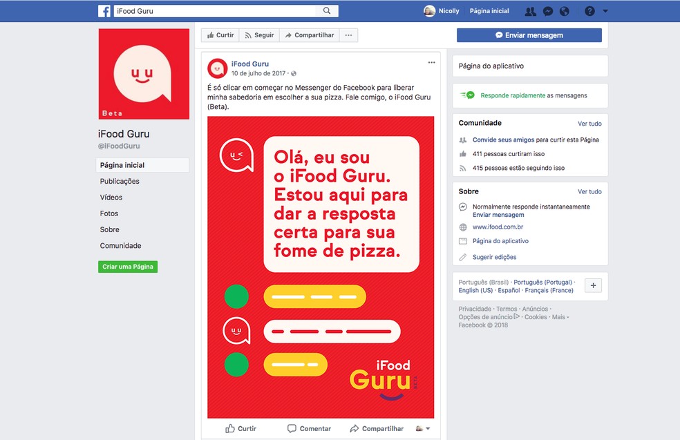 iFood Guru é um exemplo de chatbot que ajuda a escolher uma pizza pelo Facebook Messenger — Foto: Reprodução/Facebook