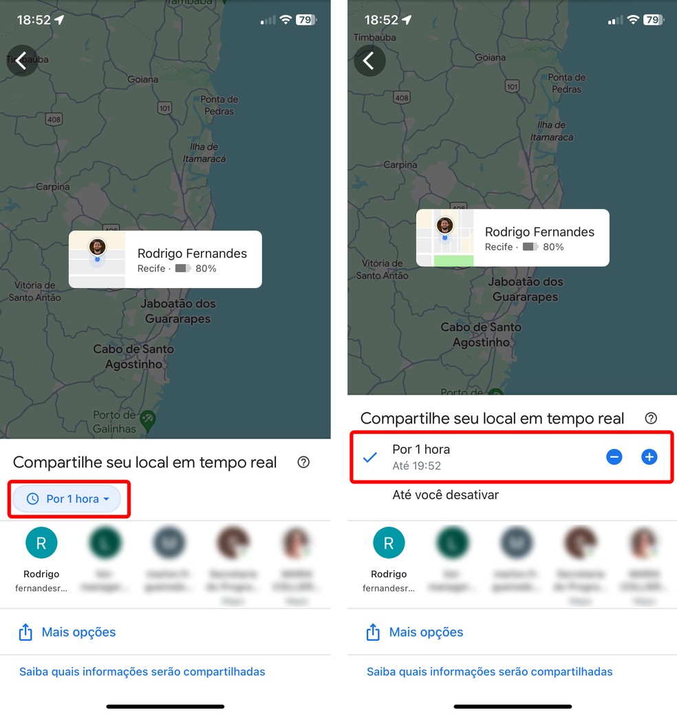 Determinar o tempo de compartilhamento de localização em tempo real do Google Maps — Foto: Reprodução/Rodrigo Fernandes