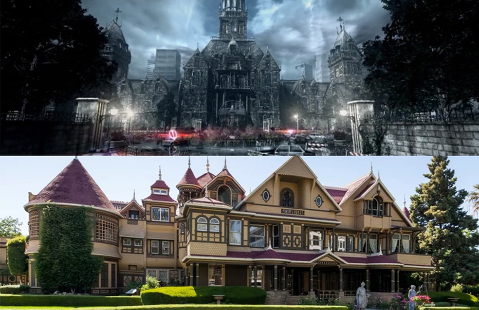 O hospital psiquiátrico de The Evil Within foi baseado em uma conhecida mansão assombrada, a Winchester Mystery House — Foto: Reprodução/The Evil Within Wiki e Curbed SF