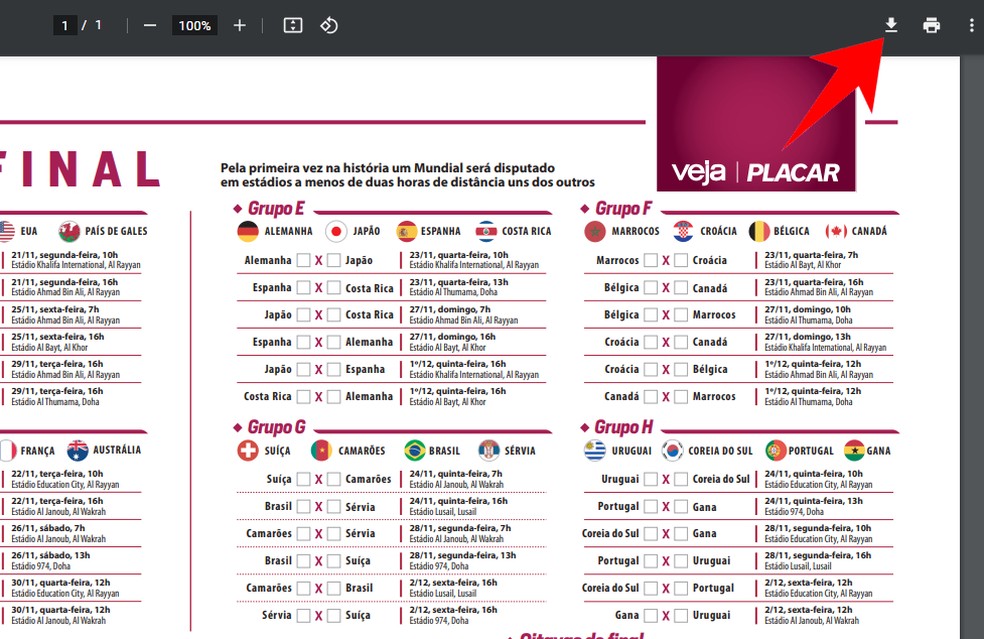 Tabela da Copa do Mundo 2022: como baixar versão em PDF para imprimir