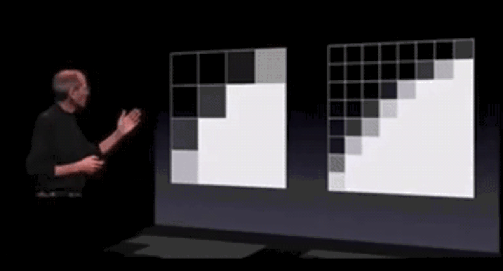Steve Jobs demonstra como a densidade de pixels funciona no lançamento do iPhone 4  — Foto:  Reprodução/YouTube