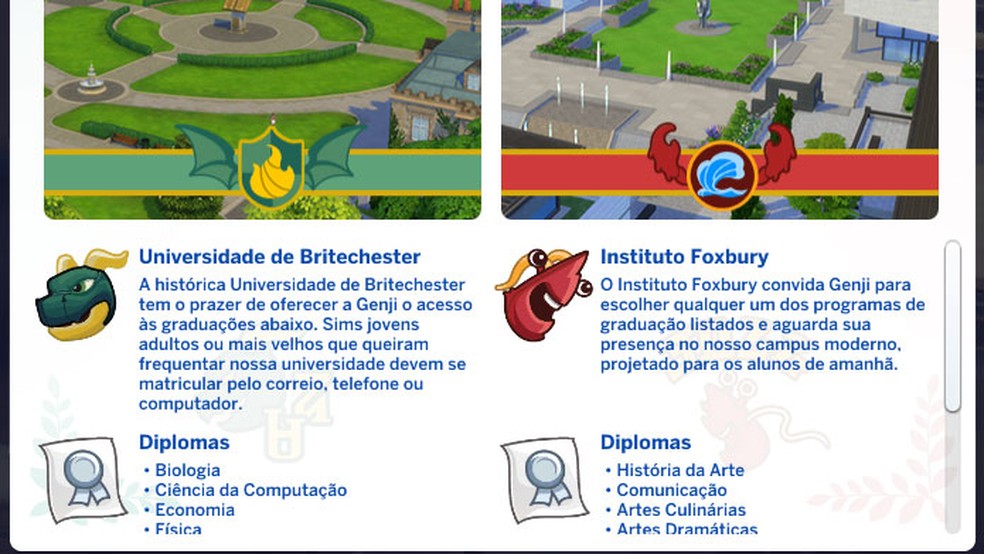 The Sims 4 Vida Universitária: Cartas reais das universidades do