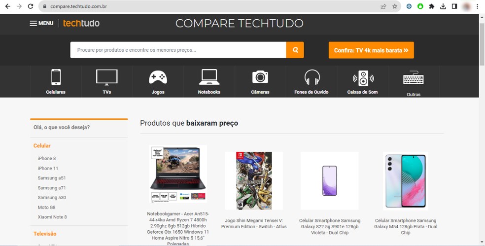 Compare TechTudo é o site comparador de preços do TechTudo para produtos eletrônicos — Foto: Reprodução/Millena Borges