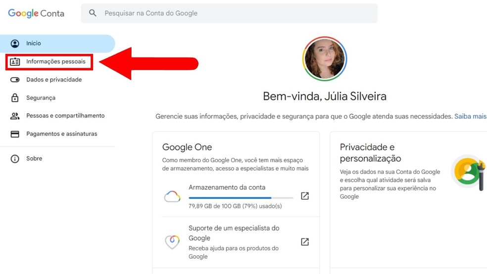 Acesse a opção "Informações Pessoais", no menu à esquerda — Foto: Reprodução/Júlia Silveira