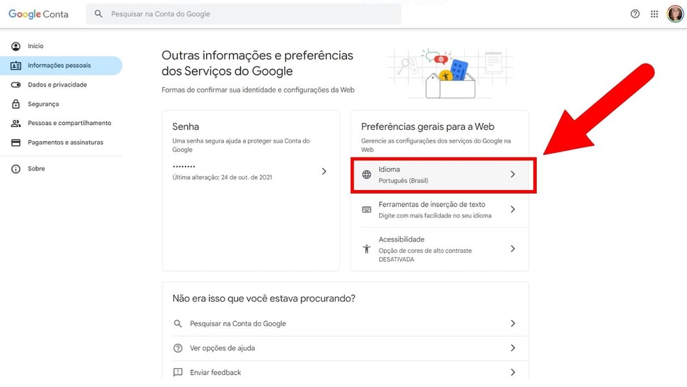 Selecione a opção "Idioma" entre as preferências para a Web e faça a alteração para o inglês para usar o Bard com Gemini Pro — Foto: Reprodução/Júlia Silveira