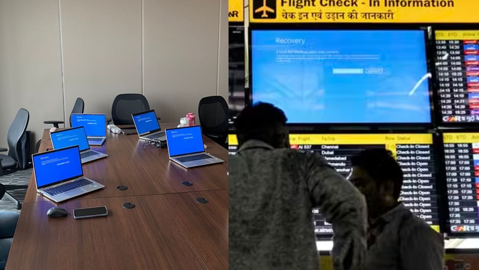 Apagão cibernético causa tela azul em diversos computadores corporativos no mundo e afeta voos, TVs e bancos — Foto: Reprodução/X/AFP