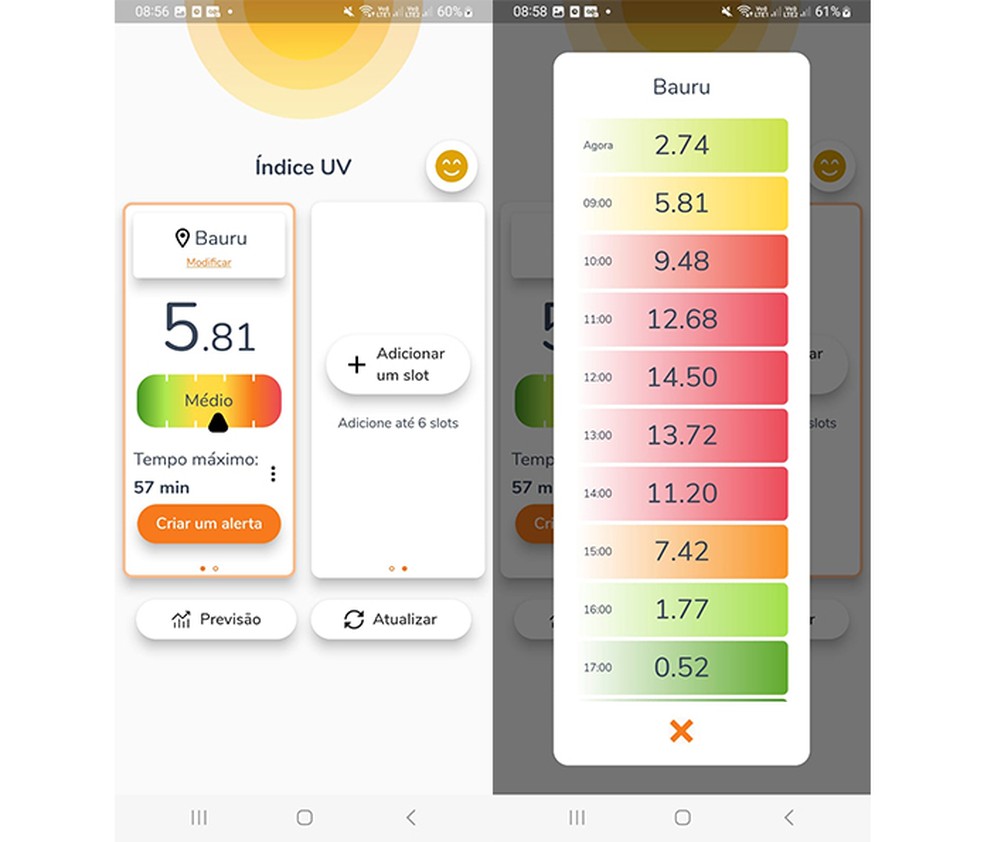 Simples de usar, app permite visualizar índice UV em um toque — Foto: Reprodução/Marcela Franco