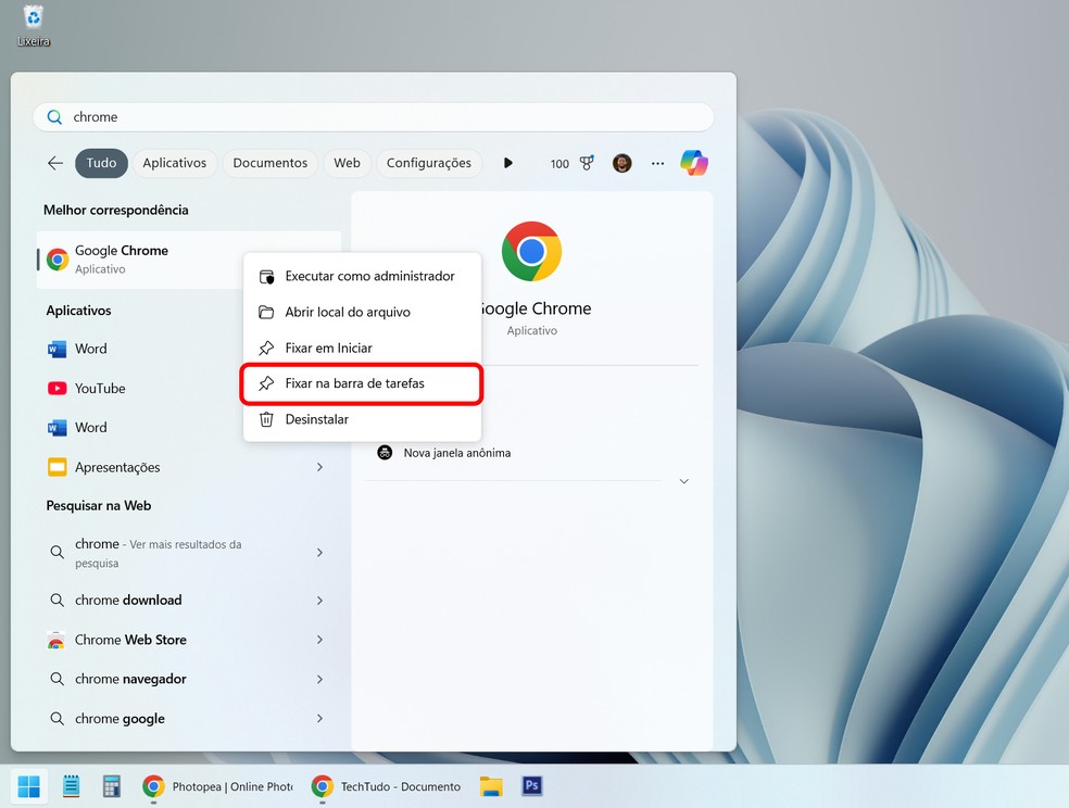 Saiba como criar atalho para Chrome na barra de tarefas do Windows pelo menu Iniciar — Foto: Reprodução/Rodrigo Fernandes