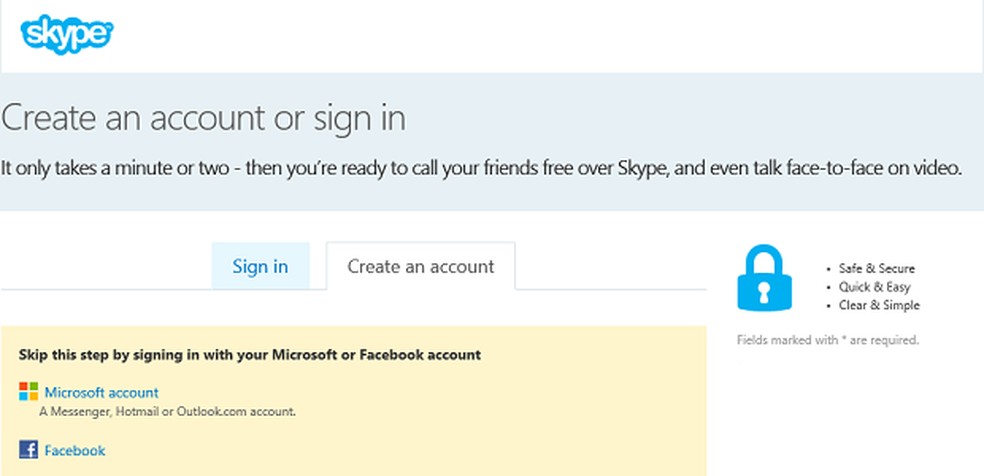 Criação de contas na versão web do Skype é bem simples (Foto: Reprodução Skype) — Foto: TechTudo