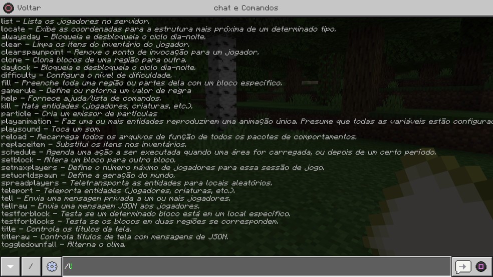 Você pode disparar códigos de trapaça em Minecraft por meio da tela de chat — Foto: Reprodução/Filipe Garrett