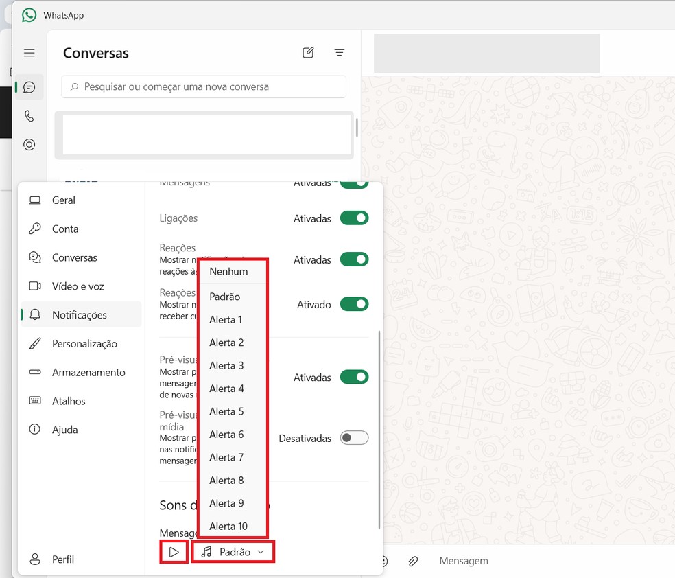 Ativando e selecionando som de notificação do WhatsApp no PC — Foto: Reprodução/Bruno Guerra