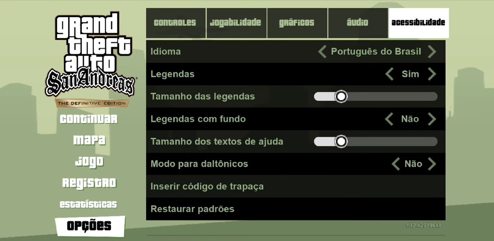 A função de ativar códigos de trapaça está disponível dentro das configurações de acessibilidade do GTA San Andreas via Netflix — Foto: Luccas Melo/TechTudo