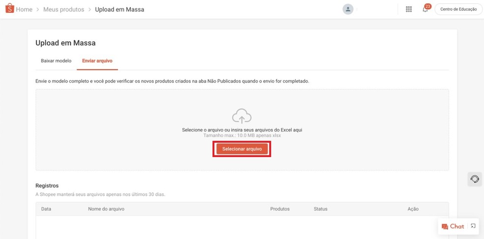 Selecione a planilha para fazer o upload do arquivo no site e anunciar na Shopee — Foto: Reprodução/Clara Fabro
