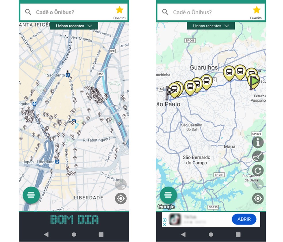 Com o app Cadê o ônibus?, é possível identificar linhas de ônibus em tempo real, dentro do estado de São Paulo — Foto: Reprodução/Mariana Tralback