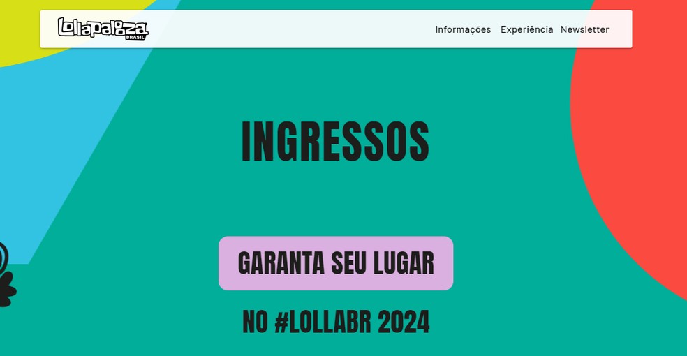 Clique em "Garanta seu lugar" para comprar o ingresso do Lollapalooza 2024 — Foto: Reprodução/Lollapalooza Brasil