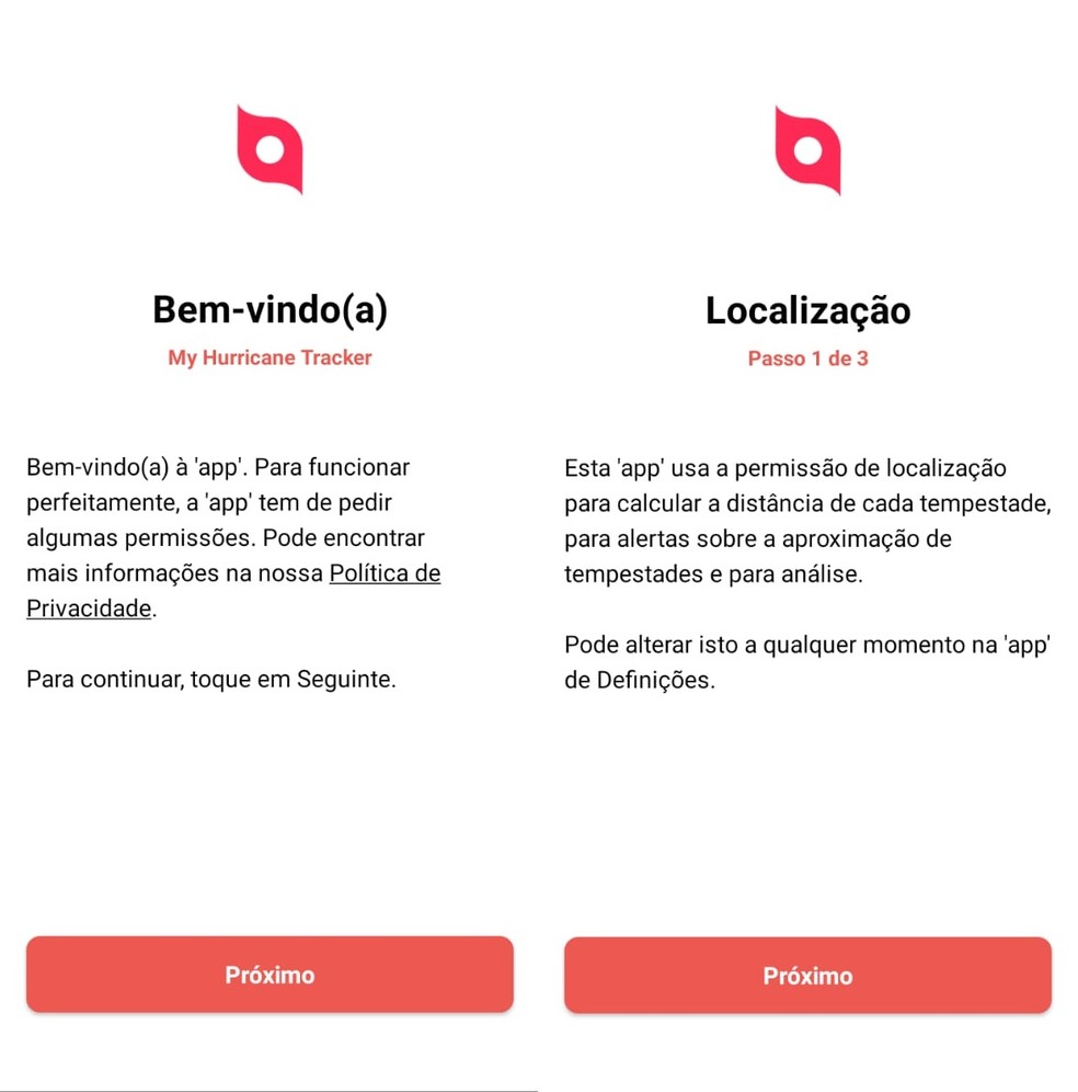 Depois de baixar o app Hurricane Tracker no celular, conceda as permissões exigidas pelo aplicativo clicando em "Próximo" — Foto: Reprodução/Clara Fabro